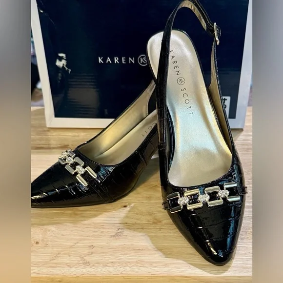 Karen Scott Black Heels with Chain Embellishment Gildyy slingback pumps size 6 - Picture 2 of 10